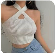 Women’s Ribbed Cross-Halter Knit Tank Top – Chic Sleeveless Summer Crop Top
