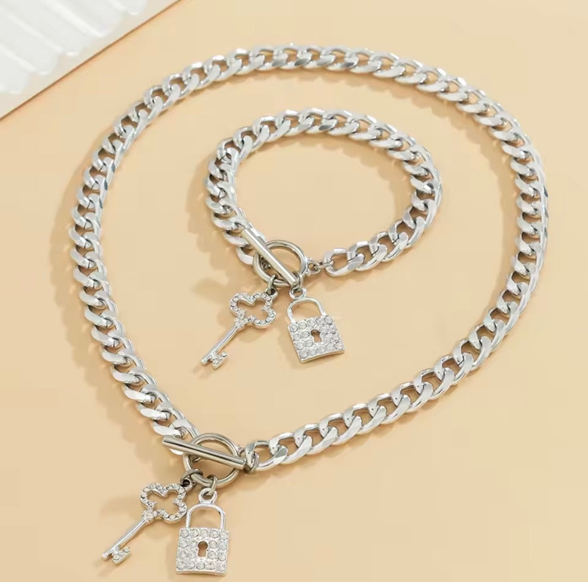 Lock & Key Cuban Chain Necklace & Bracelet Set β Silver