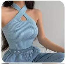 Women’s Ribbed Cross-Halter Knit Tank Top – Chic Sleeveless Summer Crop Top