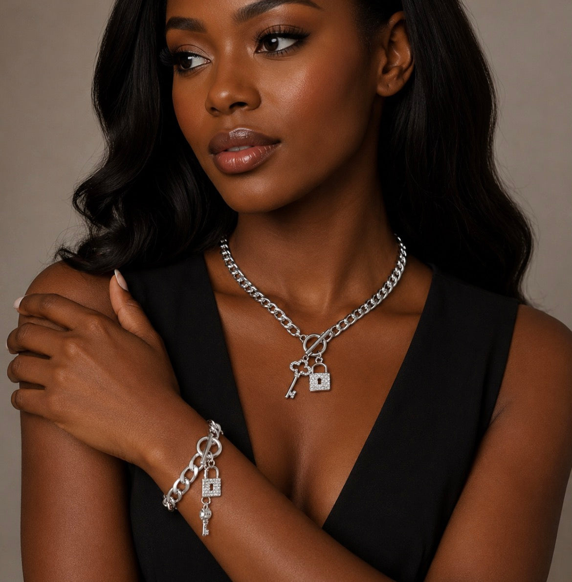 Lock & Key Cuban Chain Necklace & Bracelet Set – Silver